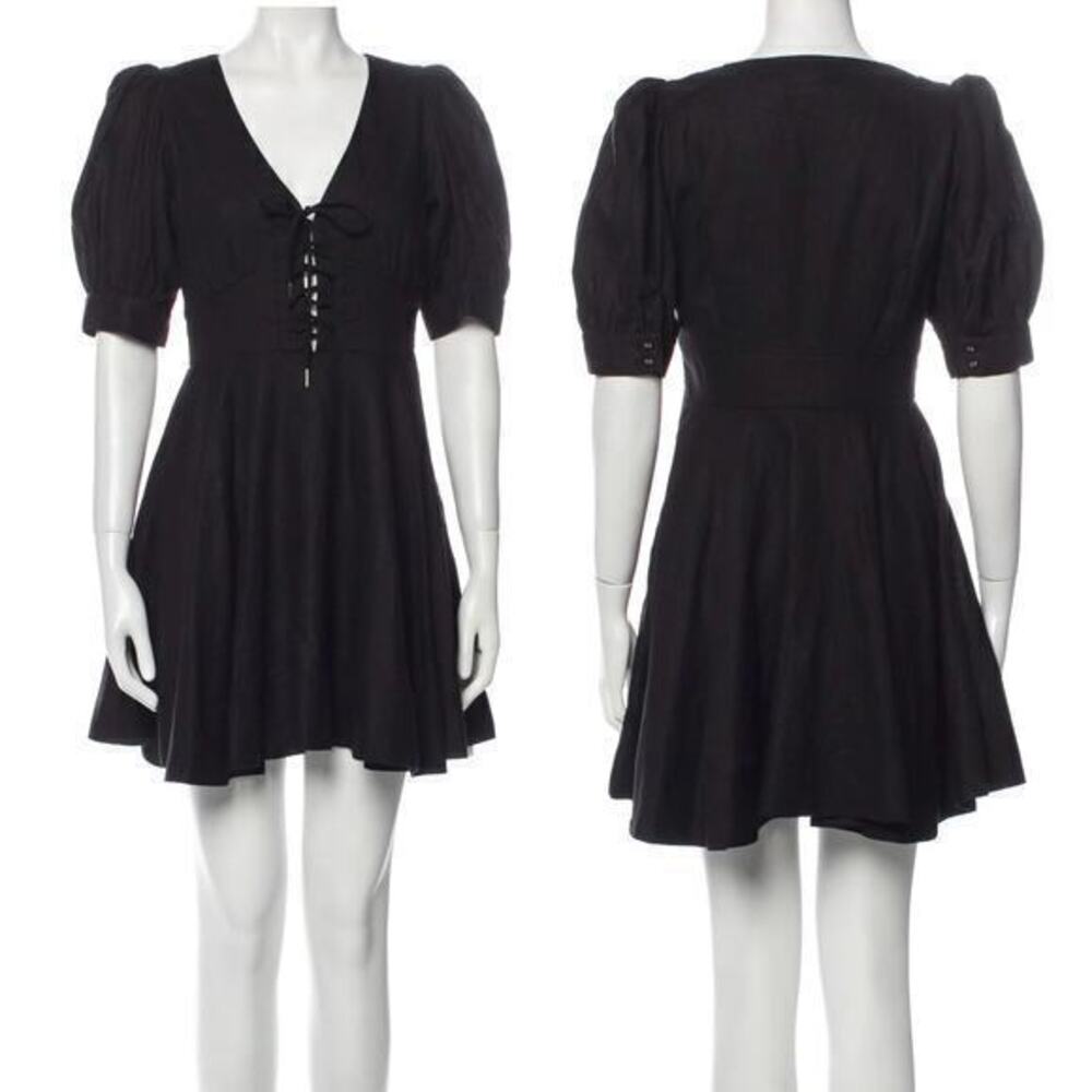 House of Harlow 1960 Black Linen Blend Lace-Up Bodice Peasant Mini Dress Size 6